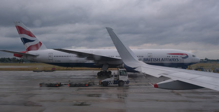 Airplane from British Airways BA at London Heathrow airport LHR, in London. Aircraft is prepared for...