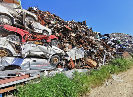 Pile of various scrap cars and other metals on a junk yard ready recycling industry.の写真素材