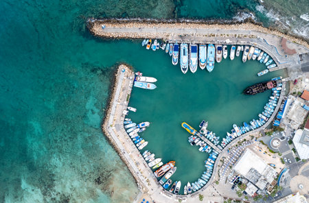 Aerial view of boats and yachts moored in a marina. Drone view from above. Ayia Napa Cyprusの写真素材