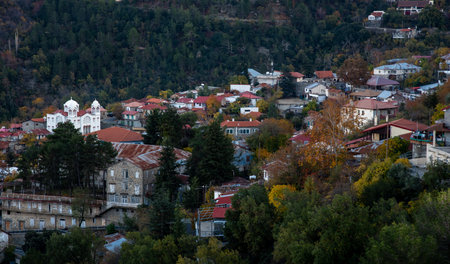 Mountain village of pedoulas at Troodos mountains Cyprus in autumn.の写真素材