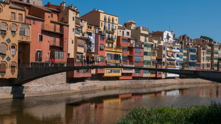 Colourful houses of the medieval old city of Girona, Spain Europe. European traditional townsのeditorial素材