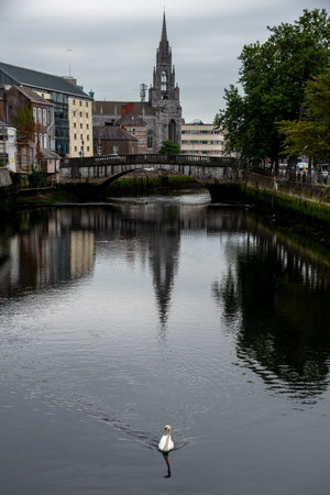 Urban cityscape of Cork city holy trinity church river Lee. Ireland Europe.