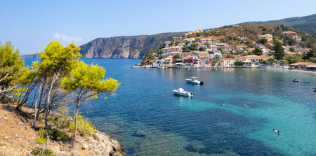 Drone aerial view of Greek village of Asos on the west coast of the island of Cephalonia, Kefalonia, Greece in the island sea.の写真素材