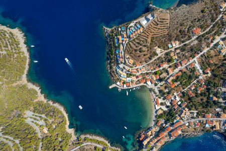 Drone aerial view of Greek village of Asos on the west coast of the island of Cephalonia , Kefalonia Greece in the island sea.の写真素材