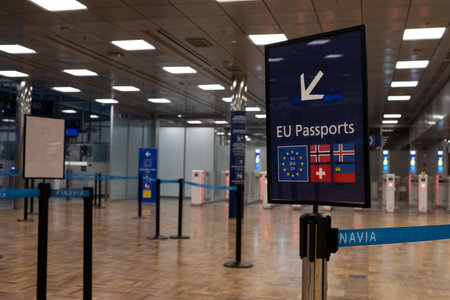 Empty airport border control waiting area
