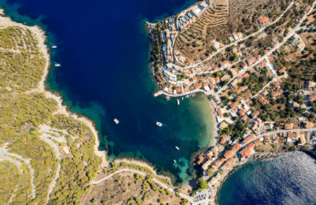 Drone aerial view of Greek village of Asos on the west coast of the island of Cephalonia , Kefalonia Greece in the island sea.の写真素材