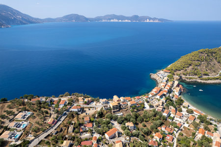 Drone aerial view of Greek village of Asos on the west coast of the island of Cephalonia , Kefalonia Greece in the island sea.の写真素材