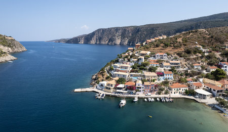 Drone aerial view of Greek village of Asos on the west coast of the island of Cephalonia , Kefalonia Greece in the island sea.の写真素材
