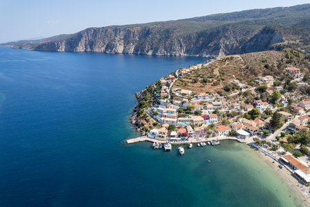 Drone aerial view of Greek village of Asos on the west coast of the island of Cephalonia , Kefalonia Greece in the island sea.の写真素材
