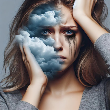 Young woman experiencing anxiety with storm clouds over head. AIの写真素材