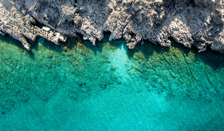 Turquoise water meeting rocky coastline on sunny summer dayの写真素材