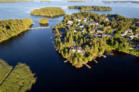 Aerial drone view of rono island in kallavesi lake Kuopio Eastern finland Europeの写真素材