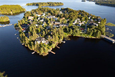 Aerial drone view of rono island in kallavesi lake Kuopio Eastern finland Europe