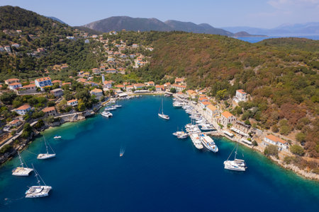 Drone Aerial view of Kioni village , ithaki greek island greece. Boats and yachts mooring in the marinaの写真素材