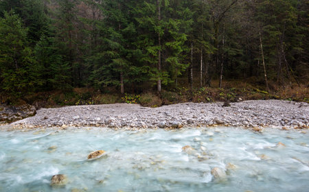 Turquoise water flows through a rocky riverbed in a serene forest setting. Slovenia