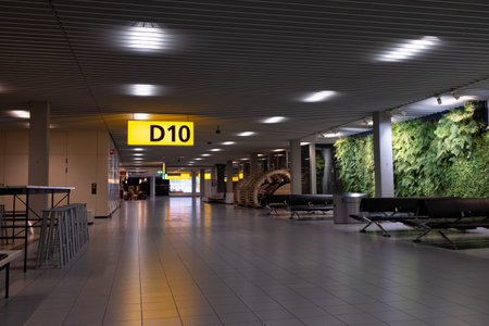 Deserted airport terminal waiting area illuminated by bright lights, featuring empty benches, a...