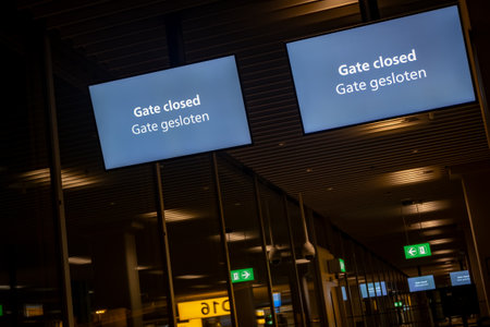 Bilingual gate closed signs displayed on screens in empty airport terminalの写真素材