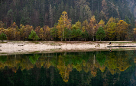 Colorful autumn trees reflecting on the surface of a calm lake with photographer standing on a wooden pier, Lake jasna Sloveniaの写真素材