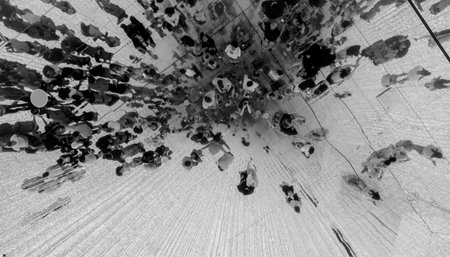 Tourists walking on a mirrored ceiling creating a mesmerizing and futuristic atmosphere, Crowd of people from aboveの写真素材