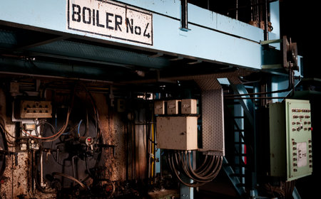 Energy boiler machine in electricity generation factory with various pipes and control circuit...