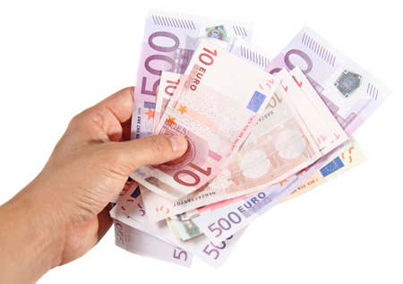 Hand holding euro banknotesの写真素材