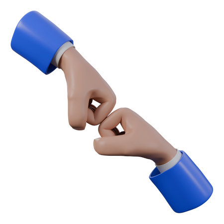 3d illustration of fist bump gesture with two hands in blue and white suit, symbolizing friendship, unity, and mutual support.の写真素材