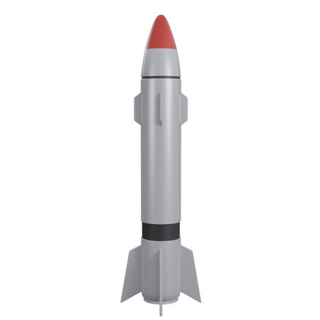 3D illustration of ballistic missile with white and red color, military missile, Tactical Ballistic Missile 3D Illustration Designed for Strategic Military Useの写真素材