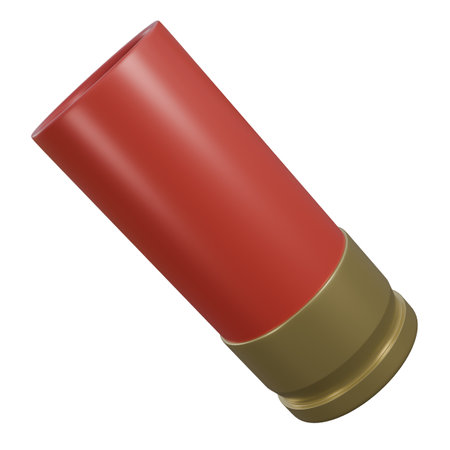 Discover a high-resolution collection of meticulously arranged shotgun ammunition, featuring bullet casings and detailed metallic textures, with red and gold or brass color.の写真素材
