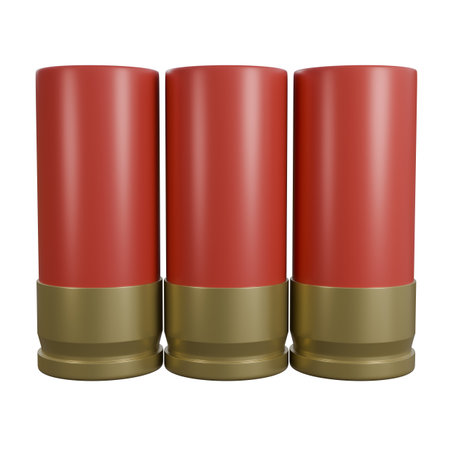Discover a high-resolution collection of meticulously arranged shotgun ammunition, featuring multiple bullet casings and detailed metallic textures, with red and gold or brass color.の写真素材