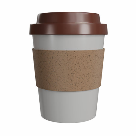 3D render of a plastic brown and white coffee cup with a paper grip, A creative and energetic composition, great for promotions or digital adsの写真素材