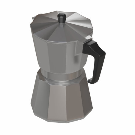 3D render of a stainless steel moka pot, traditional stainless steel moka pot with a sleek polished finish and ergonomic black handle. A complete scene for coffee lovers, perfect for promotional layouts or cafe branding.の写真素材