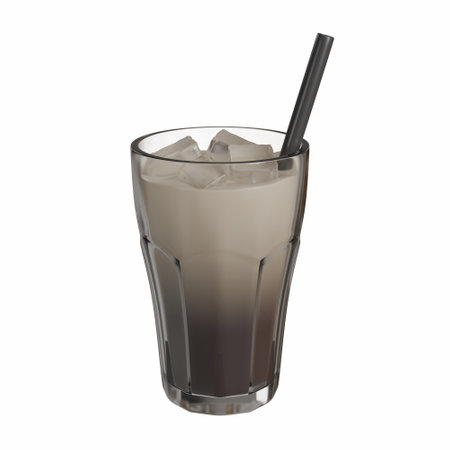 3D illustration of iced coffee with a visible swirl of milk mixing into the brew, served in a transparent glass with a black straw, showing realistic frosty ice cubes. Great for cozy lifestyle scenes, social media posts, or blog visuals.の写真素材