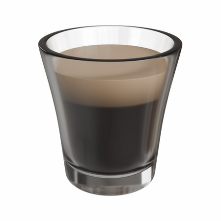 Photorealistic 3D render of a freshly pulled espresso shot served in a small transparent glass. The rich, dark coffee, capturing the essence of premium espresso. Ideal for brewing process visuals, barista tutorials, or kitchen appliance features, It is perfect for print or digital use.の写真素材