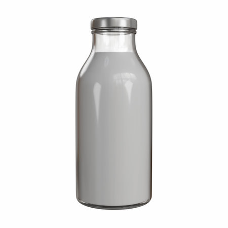 High-detail 3D render of a glass bottle with milk placed on a glossy surface with soft lighting and reflections. Ideal for high-end product mockups, packaging previews, or catalog layouts.の写真素材