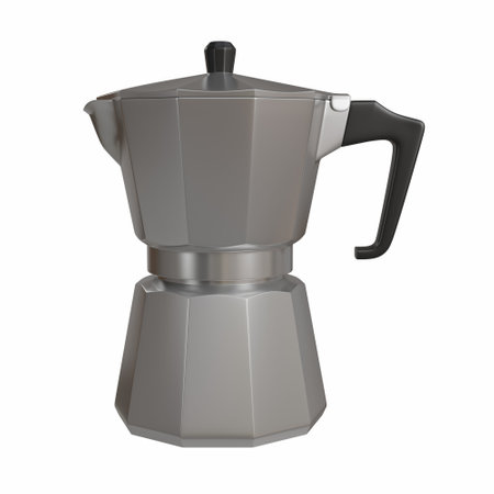 3D render of a stainless steel moka pot, traditional stainless steel moka pot with a sleek polished finish and ergonomic black handle. A complete scene for coffee lovers, perfect for promotional layouts or cafe branding.の写真素材