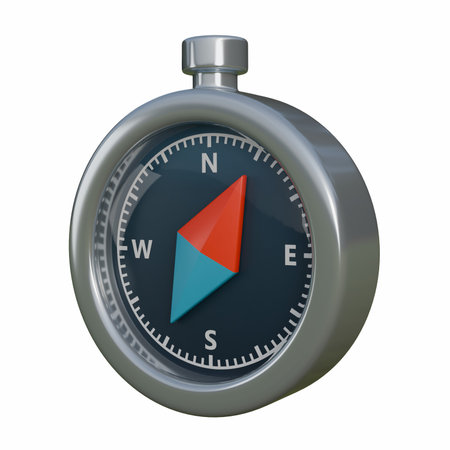 A detailed 3D illustration of a stylish compass featuring a silver outer ring and blue inside. The...