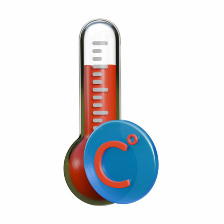A clean 3D illustration of a glass thermometer filled with red liquid and a clear Celsius icon...