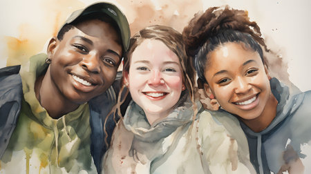 Portrait of happy multicultural friends in raincoats against painted wallの素材