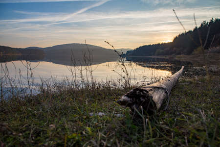 Lake landscape in Studena dam. Water level is restored in 2020 after been almost empty in 2019.の写真素材