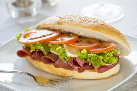 Photograph of a tasty mortadella and salami sandwichの写真素材