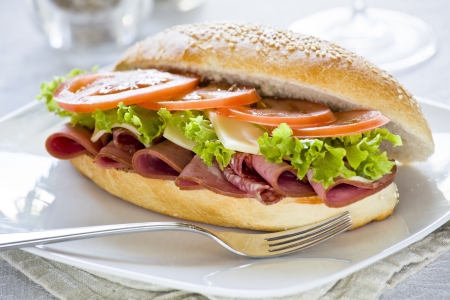 Photograph of a tasty mortadella and salami sandwichの写真素材