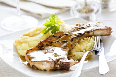 Photograph of a pork chop with mashed potatoes mealの写真素材