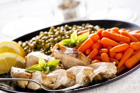 Photograph of a plate of chicken fillet and vegeatblesの写真素材