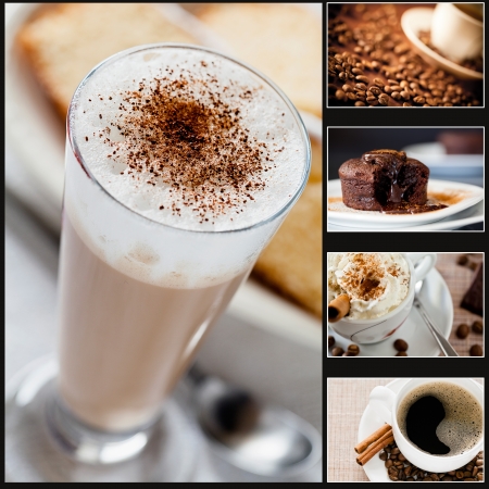 Collage of five photographs of coffee and cakeの写真素材