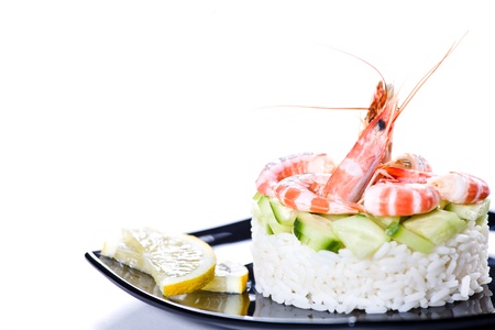 Close up photograph of a meal of rice and shrimpsの写真素材