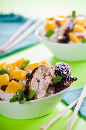 Photograph of a thai meal with barbecue chicken mango and riceの写真素材