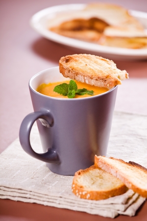 Close up photograph of a cup of carrot soup
の写真素材