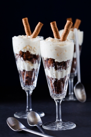 Chocolate and whipped cream dessert in a glassの写真素材