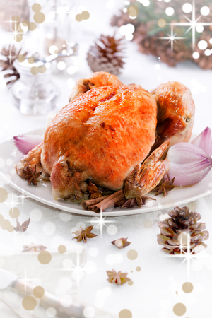 Plate of roasted chicken for dinner at christmasの写真素材