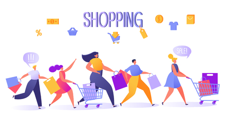 Five happy, flat people running with shopping bags and trucks. Vector illustration shopping theme, retail concept, retail consumerism. Flat design style.のイラスト素材